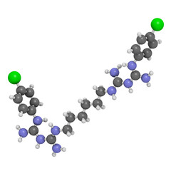 Chlorhexidine antiseptic molecule, 3D rendering. Atoms are represented as spheres with conventional color coding: hydrogen (white), carbon (grey), nitrogen (blue), chlorine (green).