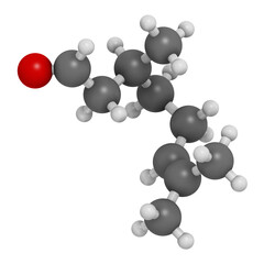 Citronellal citronella oil molecule, 3D rendering. Used in insect repellents. Atoms are represented as spheres with conventional color coding: hydrogen (white), carbon (grey), oxygen (red).