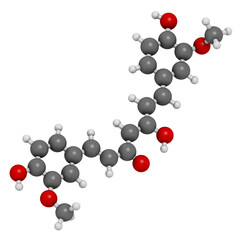Curcumin turmeric spice molecule, 3D rendering. Atoms are represented as spheres with conventional color coding: hydrogen (white), carbon (grey), oxygen (red).