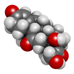 Cortisone stress hormone molecule, 3D rendering. Atoms are represented as spheres with conventional color coding: hydrogen (white), carbon (grey), oxygen (red).