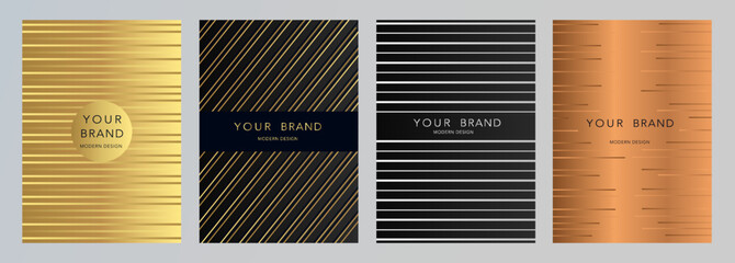 Modern black and gold stripe cover design set. Luxury creative dynamic line pattern. Formal premium vector background for business brochure, catalog, card, poster, notebook, menu template