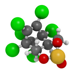 Endosulfan insecticide molecule, 3D rendering. Banned in many countries due to toxicity. Atoms are represented as spheres with conventional color coding