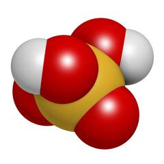 Sulfuric acid (H2SO4) strong mineral acid molecule, 3D rendering. Atoms are represented as spheres with conventional color coding: hydrogen (white), oxygen (red), sulfur (yellow).