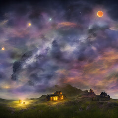 Fototapeta na wymiar Fantasy Landscape with Planets, Night Sky, Northern Lights, Stars and House on a Hill