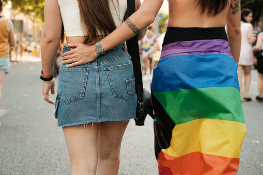 Anonymous lesbian couple on pride march