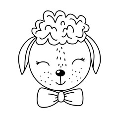 Cute dog face with bow. Dog head icon. Hand drawn isolated vector illustration in doodle style on white background.