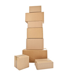 Tall stack of shipping boxes isolated.
