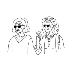Two old fashion girlfriends. Line art doodle illustration for print, graphic design, stickers and poster template