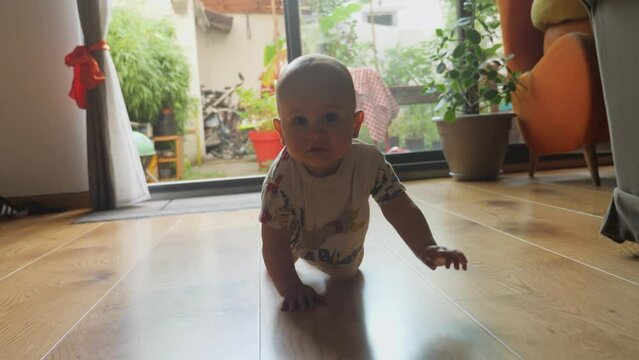 A four-legged baby walks towards the camera in the living room of a bright house