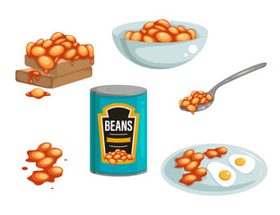 Set of spun beans in cartoon style. Vector illustration of beans with scrambled eggs, spread on bread, in a plate and spoon on white background.
