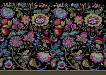 Fantasy flowers in retro, vintage, jacobean embroidery style. Seamless pattern, background. Vector illustration. Multicolor on black background.