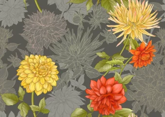 Foto auf Acrylglas Dahlias flowers, outline and coloured style Seamless pattern, background. Vector illustration. In botanical style © Elen  Lane