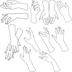 Vector linear set of black hands poses. Hand painted abstract fingers shapes isolated on white background. Minimalistic linear illustration for design, print, fabric or background.