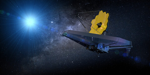 James Webb Space Telescope traveling and exploring deep space. 3D Illustration