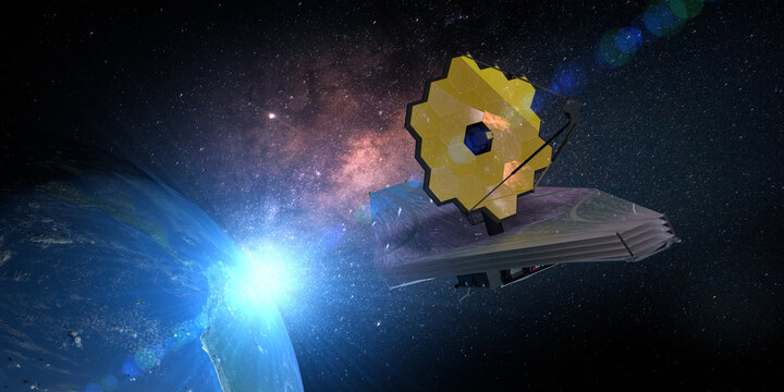 James Webb Space Telescope traveling near planet earth and exploring deep space. 3D Illustration