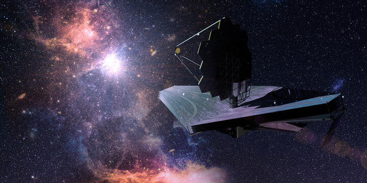 James Webb Space Telescope traveling and exploring deep space. 3D Illustration
