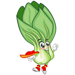 vector illustration of cartoon character of lettuce superhero flying dashing