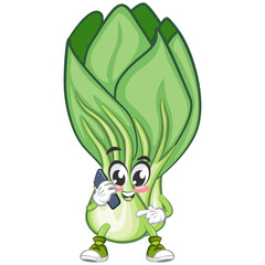 vector illustration of cartoon character of lettuce calling with smartphone