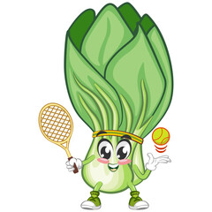 vector illustration of cartoon character of lettuce playing tennis