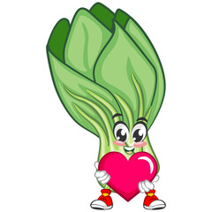 vector illustration of cartoon character of lettuce carrying pink heart