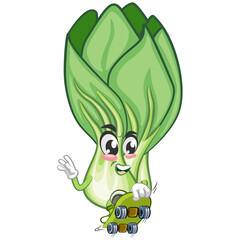 cartoon vintage illustration of lettuce character in action with skateboard