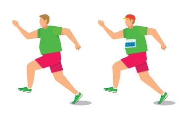 走る8等身の太った白人系男性のイラストセット　ランニング　ジョギング　フィットネス健康維持　白バック - obrazy, fototapety, plakaty