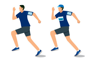 走る8等身のアジア系男性のイラストセット　ランニング　ジョギング　フィットネス健康維持　白バック