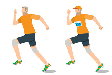 Fototapeta na wymiar 走る8等身の高齢の白人系男性のイラストセット　ランニング　ジョギング　フィットネス健康維持　白バック