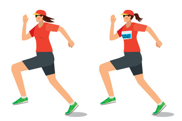 走る8等身のアジア系女性のイラストセット　ランニング　ジョギング　フィットネス健康維持　白バック - obrazy, fototapety, plakaty