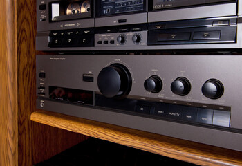 Fototapeta premium Vintage Stereo Components Gear Tower including amplifier and cassette deck