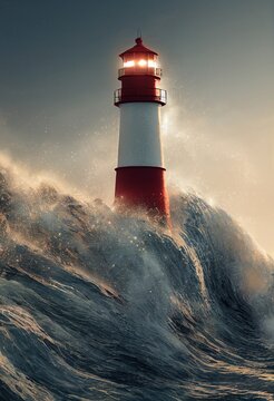 storm at sea, waves crashing against the lighthouse.