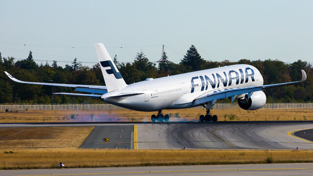 Finnair Airbus A350-900 longhaul aircraft - operated for Eurowings Discover - landing on Northwestern Runway of Frankfurt Airport, Germany - 24 August 2022