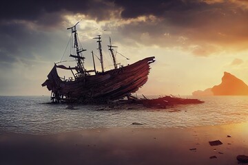 Fototapeta Old broken ship on the shore of the sea beach under the sky with heavy dark clouds 3d illustration obraz