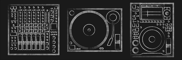 Drawings of DJ players, turntables and mixers