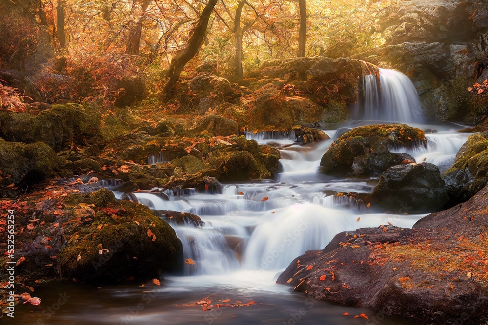 Poster waterfall with blue water in autumn forest under sunlight and colorful branches of autumn trees 3d i