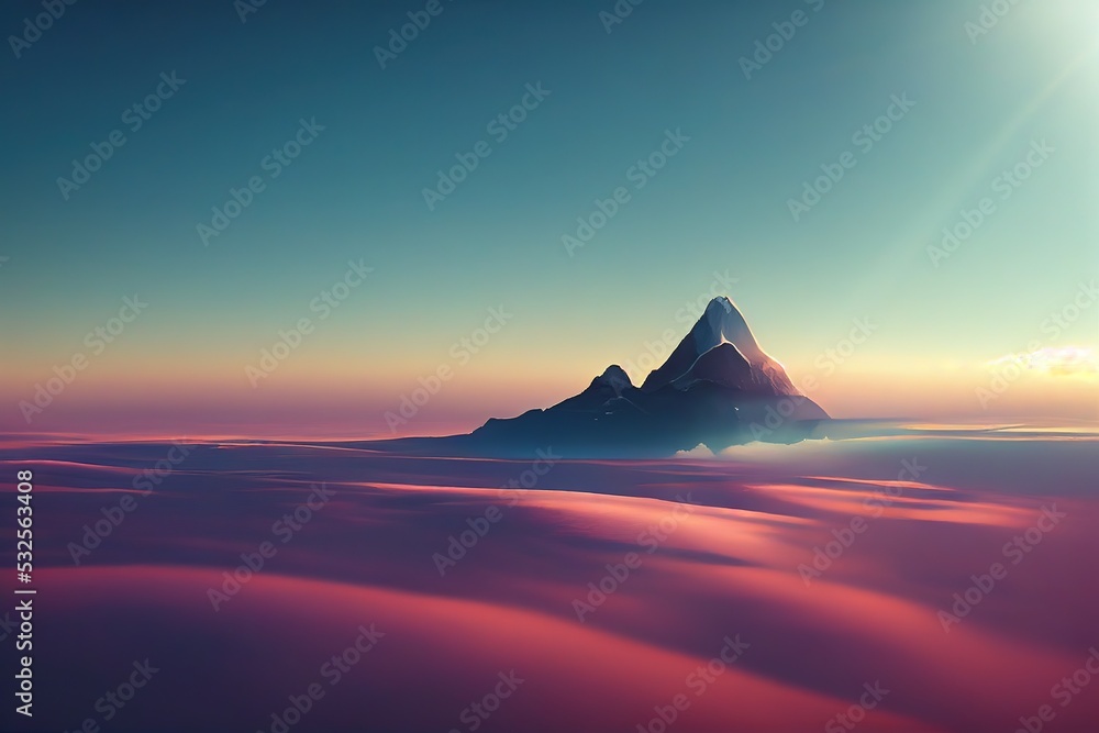 Poster Mountain top above pink fluffy clouds in blue sky 3d illustration