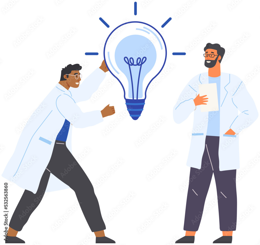 Poster researchers in search of solutions, strategy planning. people in lab coats create plan of new projec