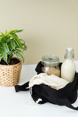 Glass containers for products. Reusable eco-friendly kitchen utensils. Zero waste and a safe lifestyle without plastic packaging. Front view.