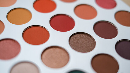 Selective focus of eyeshadow palette with various colors in pearly and matte closeup