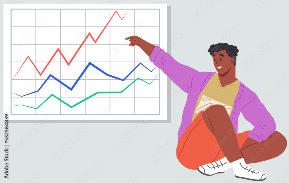 Poster man showing business diagram on presentation board. guy points to bar chart graphic report. business