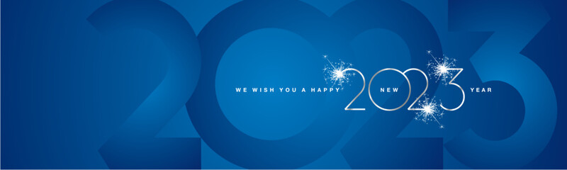 Fototapeta We wish You Happy New Year 2023 modern design silver shining light typography sparkle fireworks with 2023 shadow numbers blue banner obraz