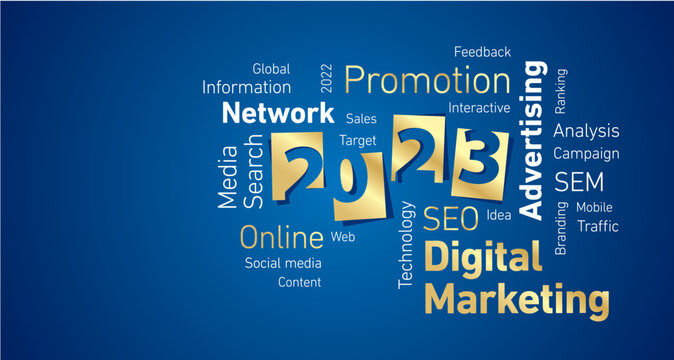 Digital Marketing New Year 2023 shining golden white word cloud blue board background