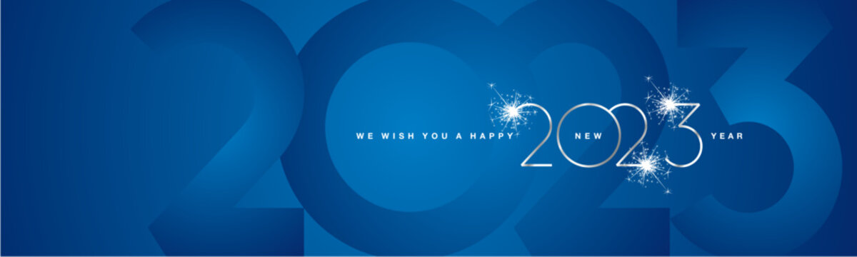 We Wish You Happy New Year 2023 Modern Design Silver Shining Light Typography Sparkle Fireworks With 2023 Shadow Numbers Blue Banner