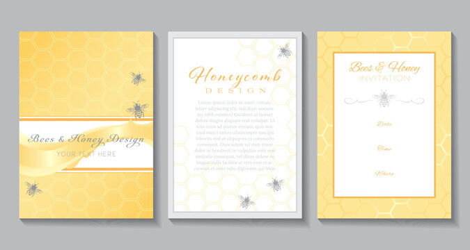 A set of elegant bee and honeycomb themed invitations in gray and golden colors
