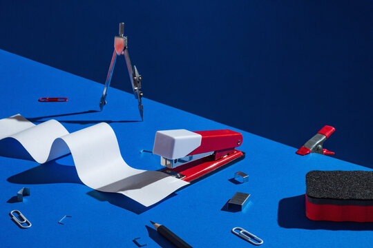 office supplies on blue set up