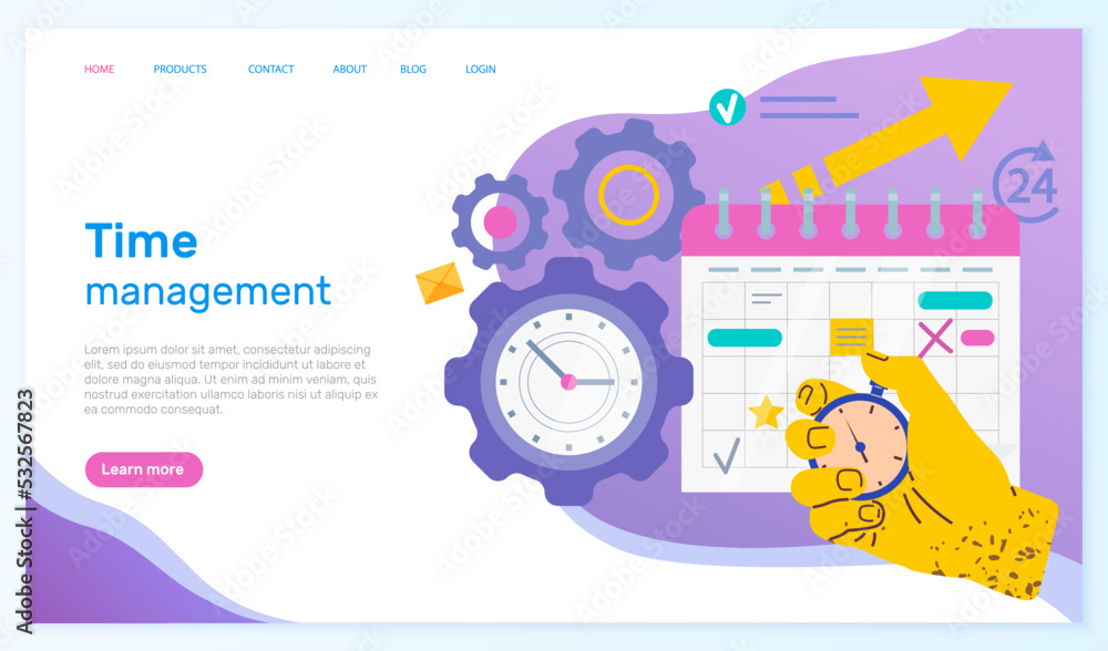 Poster time management, workflow organization website layout. work efficiency, productivity increase, web d