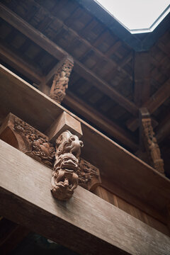 Lion Statue High Above At A Temple In Huangshan, Anhui, China.