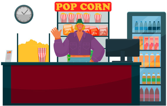 Young woman sells popcorn to customers. Lady working in cinema food court vector illustration. Girl offers snacks and drinks for watching movie in cinema. Female vendor sells popcorn, chips and soda