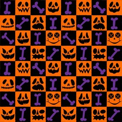 Fototapeta premium Autumn harvest seamless cartoon faces spooky pumpkins pattern for wrapping paper and clothes print and fabrics