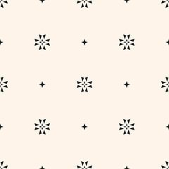 Vector minimalist floral background. Simple geometric seamless pattern with tiny flower silhouettes, small stars, crosses. Subtle monochrome abstract texture. Black and white design for decor, print